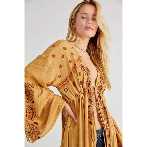 Free People Good Vibes Embroidered Kimono Duster Mustard Gold Size XS/S - Picture 4 of 14